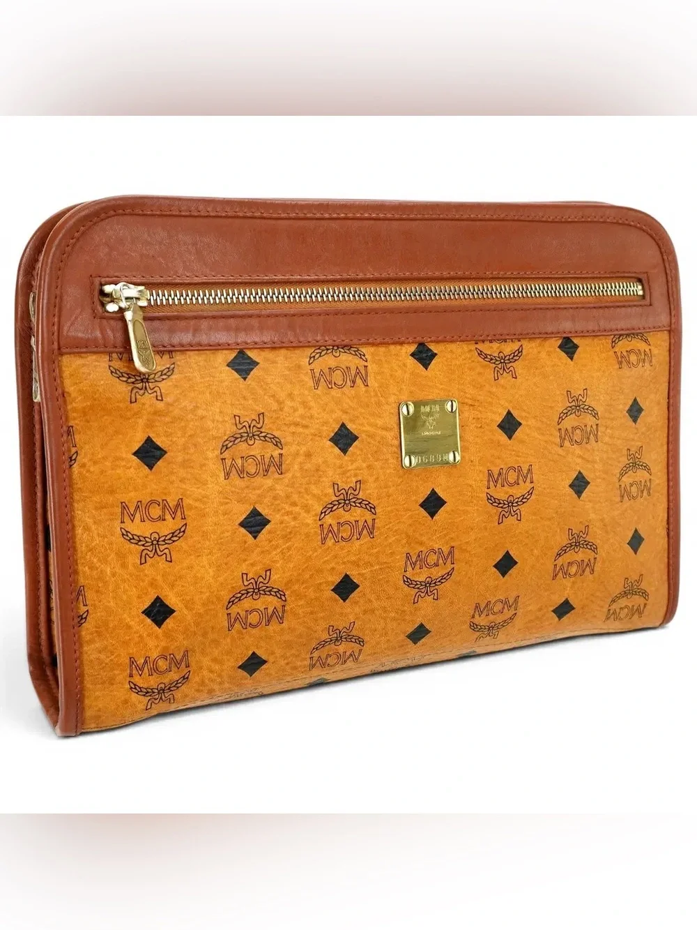 MCM Visetos Monogram Zip Clutch/Crossbody Cognac Brown Black W/ COA